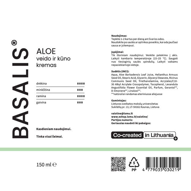 BASALIS ALOE  veido ir kūno kremas 150 ml 1